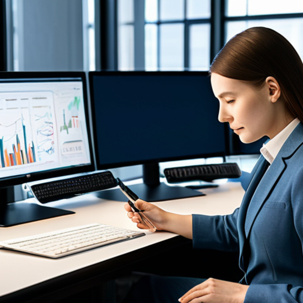 A professional female localization strategist in a modern business suit, seated at a sleek desk in a high-tech, sunlit office. Multiple screens display complex linguistic data and AI translation interfaces, while she attentively reviews text on a tablet, a stylus in hand. The setting emphasizes collaboration between human expertise and advanced technology, focusing on post-editing and strategic localization. She exhibits perfect anatomy, correct proportions, well-formed hands, and a natural pose. The scene is fully clothed, modest clothing, appropriate attire, professional dress, safe for work, appropriate content, and family-friendly, rendered in a high-quality, professional photography style.