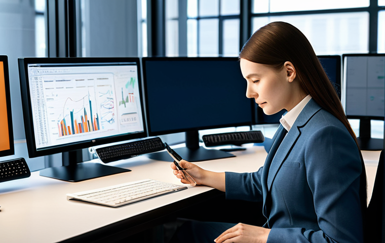 A professional female localization strategist in a modern business suit, seated at a sleek desk in a high-tech, sunlit office. Multiple screens display complex linguistic data and AI translation interfaces, while she attentively reviews text on a tablet, a stylus in hand. The setting emphasizes collaboration between human expertise and advanced technology, focusing on post-editing and strategic localization. She exhibits perfect anatomy, correct proportions, well-formed hands, and a natural pose. The scene is fully clothed, modest clothing, appropriate attire, professional dress, safe for work, appropriate content, and family-friendly, rendered in a high-quality, professional photography style.