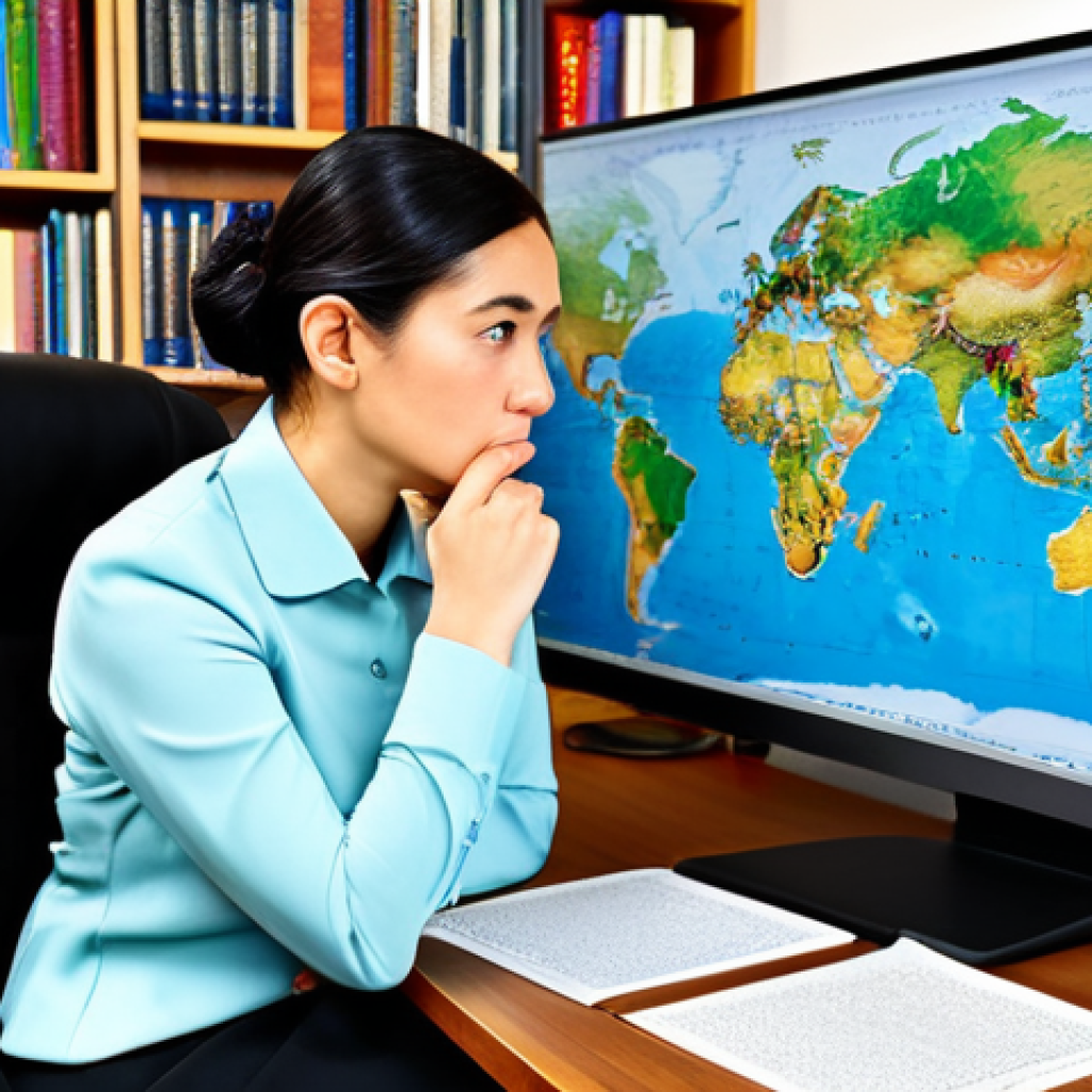 A focused female linguist, approximately 30-40 years old, seated at a modern desk. She is wearing a professional, modest business suit. Her expression conveys deep concentration as she analyzes complex text on a sleek, large monitor, with one hand thoughtfully resting on her chin. The background features sophisticated shelves holding diverse cultural books and global maps, emphasizing a broad understanding of world cultures. Perfect anatomy, correct proportions, natural pose, well-formed hands, proper finger count. High-quality professional photography, detailed, realistic, vibrant colors. safe for work, appropriate content, fully clothed, professional, modest clothing, family-friendly.