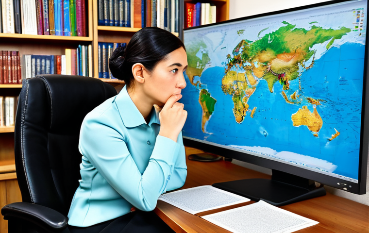 A focused female linguist, approximately 30-40 years old, seated at a modern desk. She is wearing a professional, modest business suit. Her expression conveys deep concentration as she analyzes complex text on a sleek, large monitor, with one hand thoughtfully resting on her chin. The background features sophisticated shelves holding diverse cultural books and global maps, emphasizing a broad understanding of world cultures. Perfect anatomy, correct proportions, natural pose, well-formed hands, proper finger count. High-quality professional photography, detailed, realistic, vibrant colors. safe for work, appropriate content, fully clothed, professional, modest clothing, family-friendly.