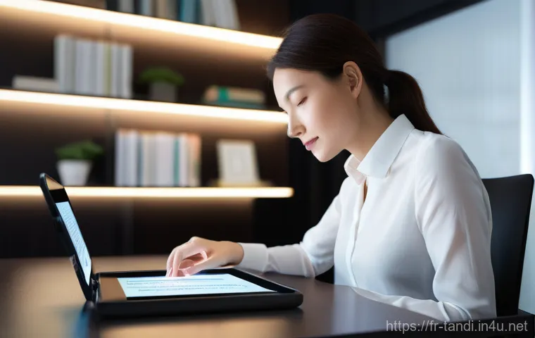 통번역사 번역 소프트웨어 사용법 - **Prompt: "A professional female translator, mid-30s, with a focused yet serene expression, sitting ...