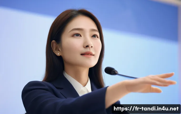 통번역사 통역 품질 관리 - **Prompt**: A highly empathetic female conference interpreter, mid-delivery, wearing professional an...