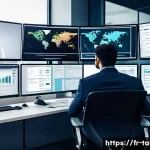 통번역사 해외 이직 - A professional international translator in a modern office setting, surrounded by multiple computer ...