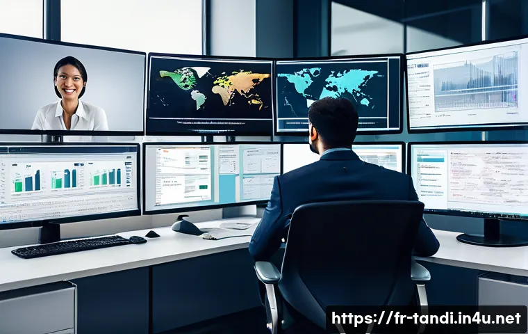 통번역사 해외 이직 - A professional international translator in a modern office setting, surrounded by multiple computer ...