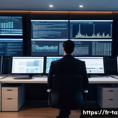 통번역사 통역의 미래 - A professional translator working in a modern office environment, surrounded by multiple computer sc...