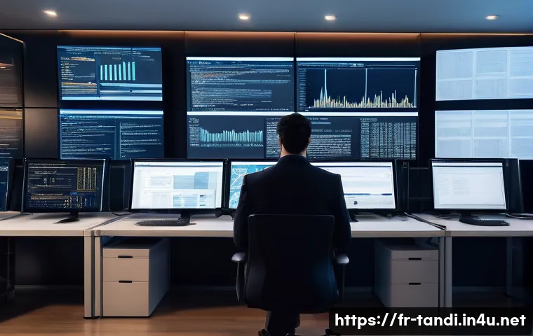 통번역사 통역의 미래 - A professional translator working in a modern office environment, surrounded by multiple computer sc...