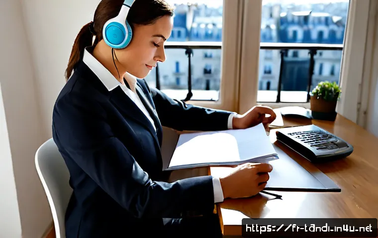 통번역사 면접 준비 - Photorealistic French interpreter preparing for a job interview at a tidy Paris apartment desk, prof...
