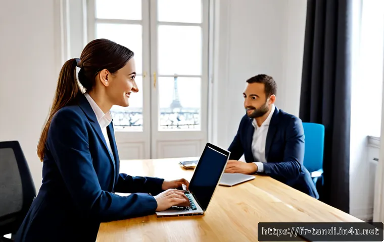 통번역사 클라이언트와의 소통 - Photorealistic professional meeting in a bright Paris coworking office, a freelance interpreter wear...