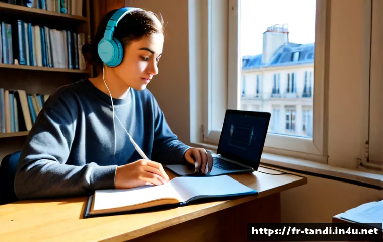 통번역사 중점과목 - Photorealistic French university student preparing for a translation and interpreting career, seated...